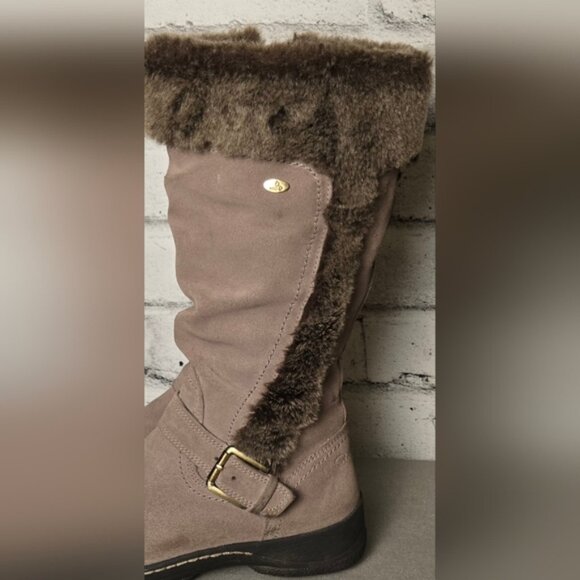 Denver Hayes Taupe Suede Faux Fur Winter Boots Women’s Size 7 Mid Calf Warm Zip - Picture 3 of 13